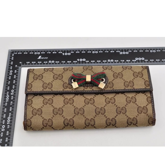 GUCCI GG Canvas Sherry Line Long Wallet Leather Brown Red Green Auth - Picture 10 of 10
